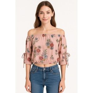 Papermoon Womens Crop Top Pink Floral Print Short Sleeves Small